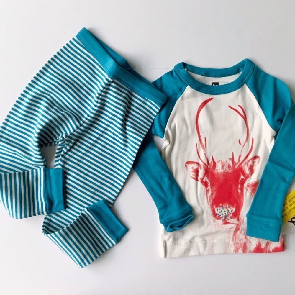 Tea Collection Teal and White Striped Kids Pajama Set with Red Deer Graphic